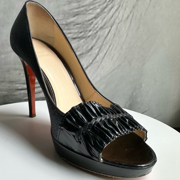 🌺VERSACE👠 Black Leather Open Toe Heels size 36 1/2 - Picture 4 of 12